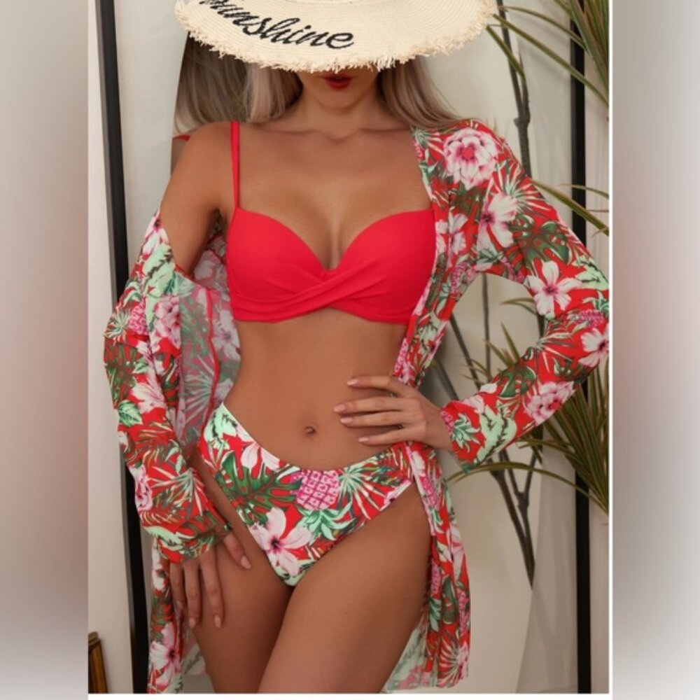 Red Floral Twist Push Up Bikini Swimsuit With Kimono